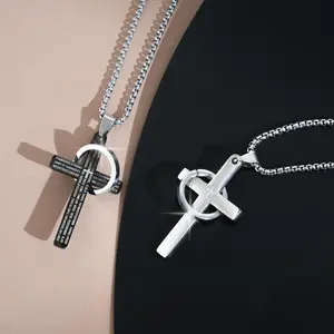 MEIITRUE 2 Pcs Cross Necklace for Men, hip hop Stainless Steel Pendant Silver Black fashion Crosses Chain Jewelry Gifts Box
