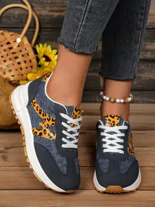 Women's Leopard Print Thick Sole Sneakers, Denim Patchwork Retro American Style, Height Increasing Anti-Slip Breathable Commuter Shoes