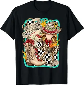 [100% Cotton] Vintage Western Tees Retro Lucky 8 Turquoise Tshirt Country Spades Checkered T-Shirts Casual Womenwears Crewneck