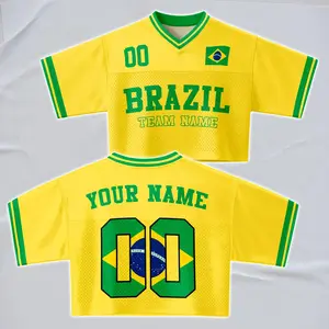 Custom Cheerleading Brasil Football Jersey for Women, Personalized Printed Name Number Mesh Crop Top,Green Yellow Soccer Jersey,Brazil Shirt