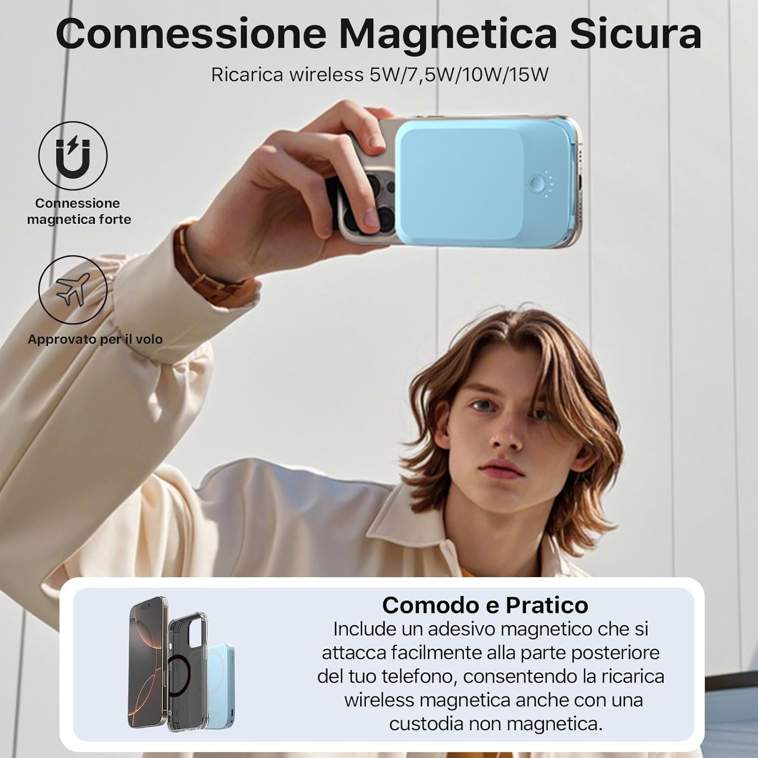 NOBIS Power Bank Slim da 5000mAh con Cavo Integrato: Caricatore Portatile con Aggancio Magnetico, Ricarica Rapida 22,5W e USB-C In/Out, per Smartphone e Dispositivi Android