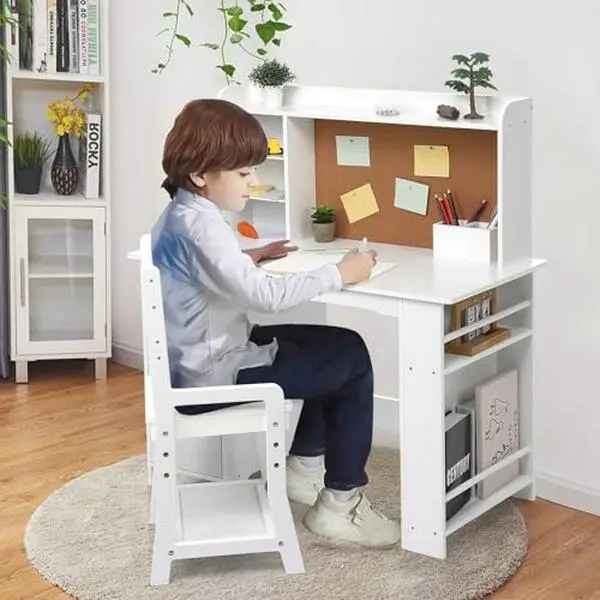 Kids Desk and Chair Set, Wooden Study Table with Storage Shelf, Bulletin Board, Children School Learning Desk Set, Writing Table for Boys and Girls, White