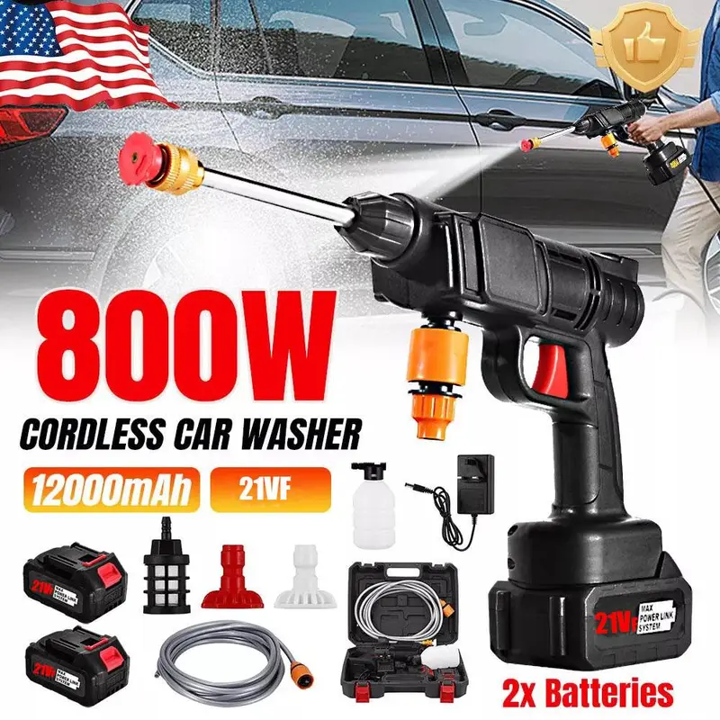 Cordless Electric High Pressure Water Spray Gun 4000PSI 800W 12000mAh Battery Portable Car Washer Detailing Tool w/5 Nozzles Quick Connect Expert Airbrush Kit Heavy Duty Automotive