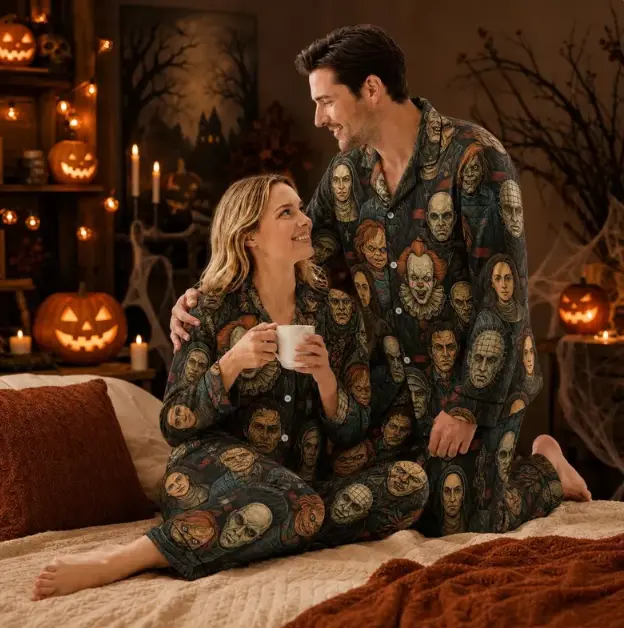 Spooky Horror Satin Pajamas Set, Halloween Matching PJs for Couples, Men's Women's Long Sleeve or Short Sleeve Sleepwear Gift