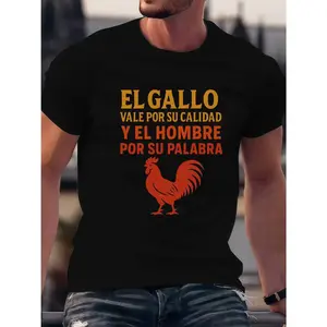 T-Shirt with the English phrase "A rooster is valued for its quality, and a man for his word" and a rooster graphic