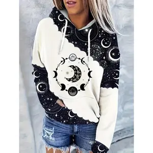 Women's Colorblock & Moon Print Drop Shoulder Hoodie Fashion Casual Drawstring Pocket Hooded Sweatshirt for Daily Holiday Outdoor Wear Ladies Clothes for All Seasons