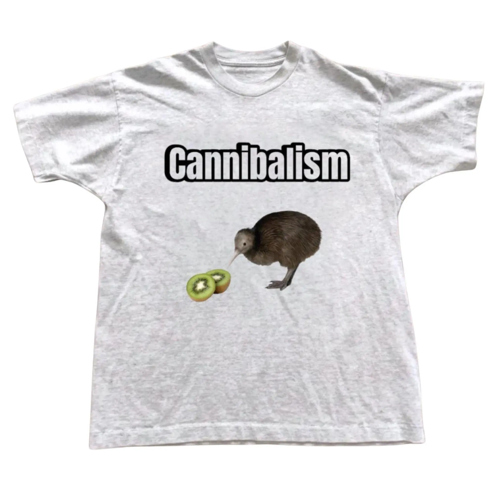 Cannibalism Kiwi Bird Eating Kiwi Fruit Funny Meme T-Shirt, Whimsical New Zealand Animal Watercolor Illustration Graphic Print, Unisex Light Gray Heavyweight Streetwear Tee, Joke Gift