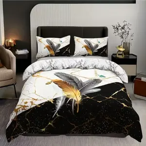 3pcs Fashion Classic Marble Texture Feather HD Digital Print Bedding Set, Home Comfort Sheet Set, Stylish Bedroom Essentials