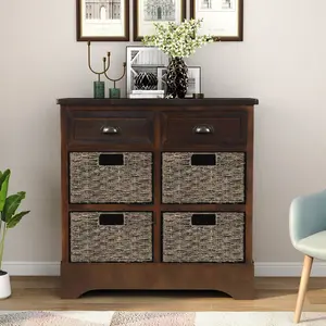 HAOYYE Rustic Storage Cabinet with Two Drawers and Four Classic Rattan Baskets for Dining Room or Living Room, Espresso, Sturdy Space-Saving Design, Heavy Duty Construction, Easy Assembly, Durable and Stylish Home Furniture
