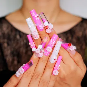 Solo Nails | PinkPetal 1.7 inch Handmade Press On Nails REUSABLE water nails acrylic press on nails,3D Gel fake nails/Summer 2025  trendy nail