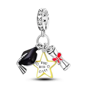 MULA 925 Sterling Silver Graduation Pendant | Cap, Star and Diploma Charm | Enamel and Sparkling Zirconia | Academic Achievement Jewelry | Fits Pandora Bracelets and Necklaces | Perfect Graduation Gift