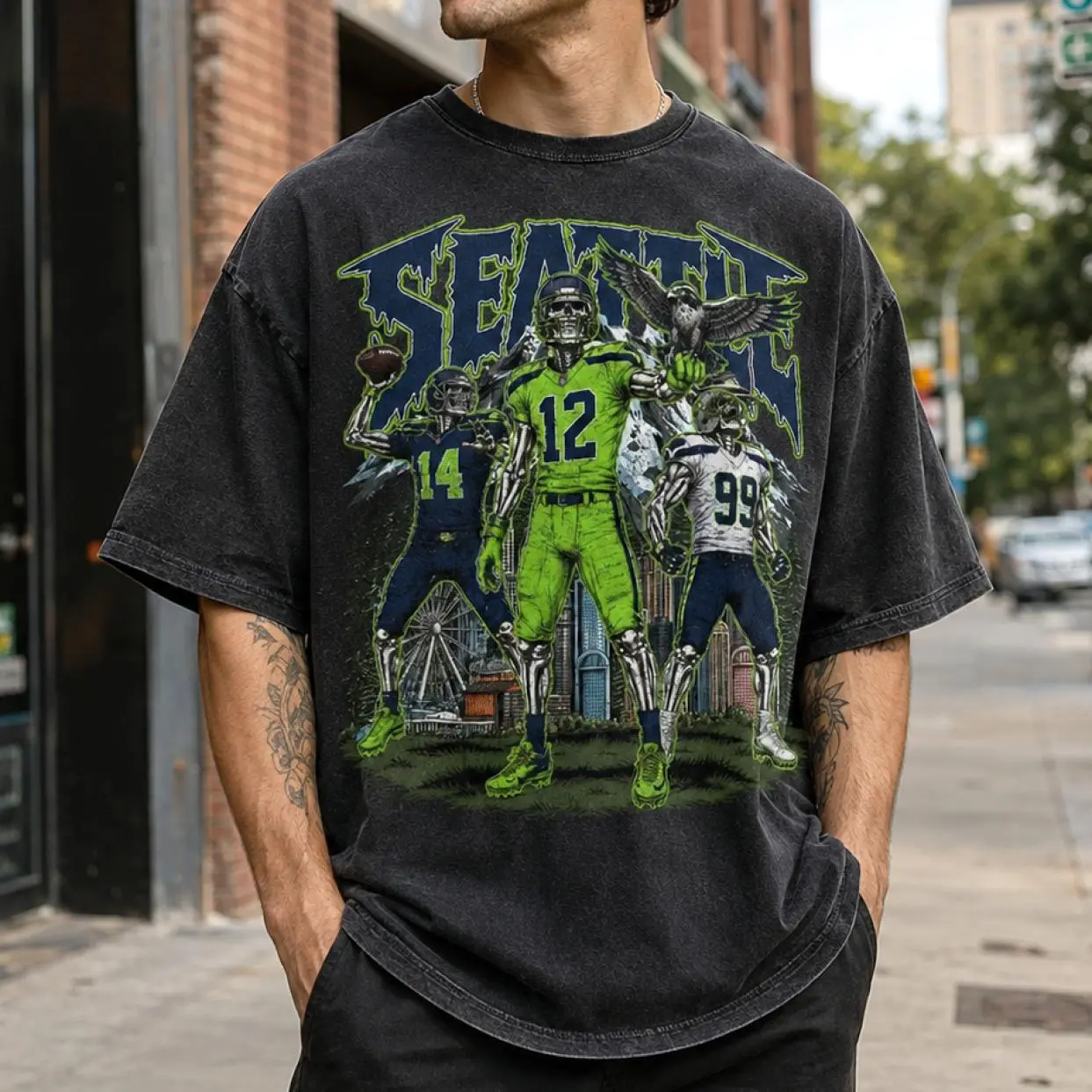 Seattle Football Skull Washed Shirt, Vintage Sam Darnold Fan Tee, Game Day Gift For Football, Jaxon Smith Njigba Football Hoodie