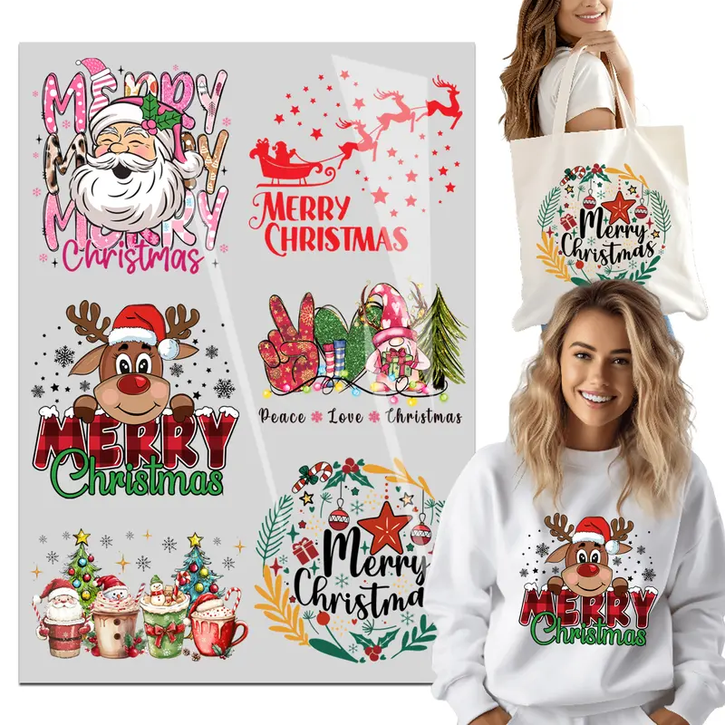 6 Sheets Iron on Transfers, Merry Christmas Bundle Santa Claus DTF Transfers Ready to Press Children's Clothing Big Stickers Iron on Decals for T Shirts Hoodie DIY Crafts