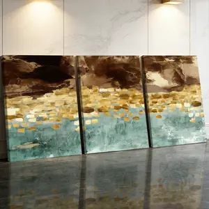 3 Counts Wooden Framed Canvas Painting, Abstract Gold And Teal Landscape Images, Exquisite Poster, Perfect Gift, Decor For Living Room, Bedthroom, Modern Art, Fashion Family Poster, Wall Art Decoration