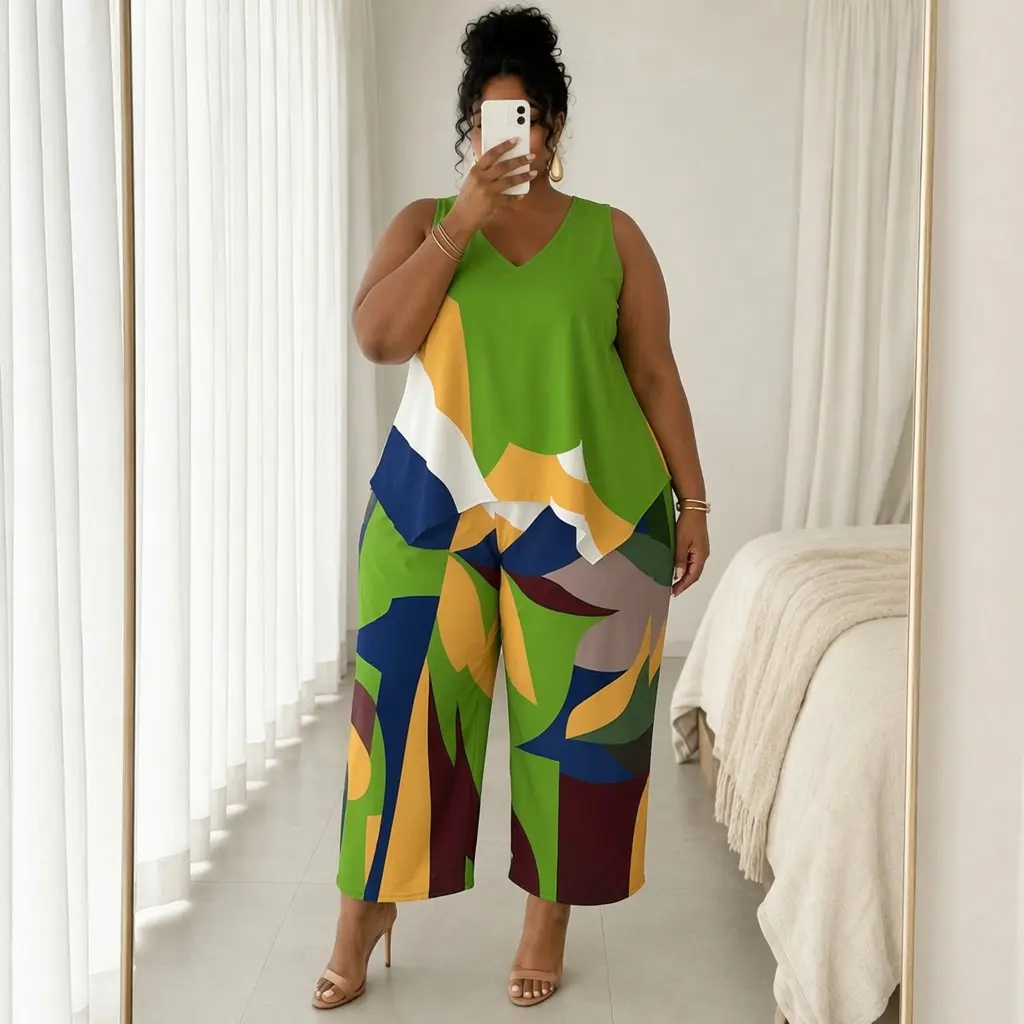 Plus Size 2 Piece Outfit for Women, Chic Color Block V-Neck Tunic Top and Polyester Wide Leg Crop Pants for Summer Travel, Clothes, Style, Fashion, Women 2 Piece Sets, Plus Size Clothes, Wide Leg Pants, Crop Set, Matching Sets For Women