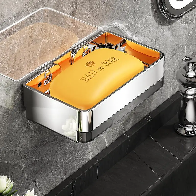 1pc Heavy-Duty Stainless Steel Bathroom Soap Dish, No-Drill Installation, Rust-Proof Square Shower Soap Holder with Drainage System, Space-Saving Bathroom Organizer, Suitable for Shower, Bathtub, or Sink, Soap Dish/Tray