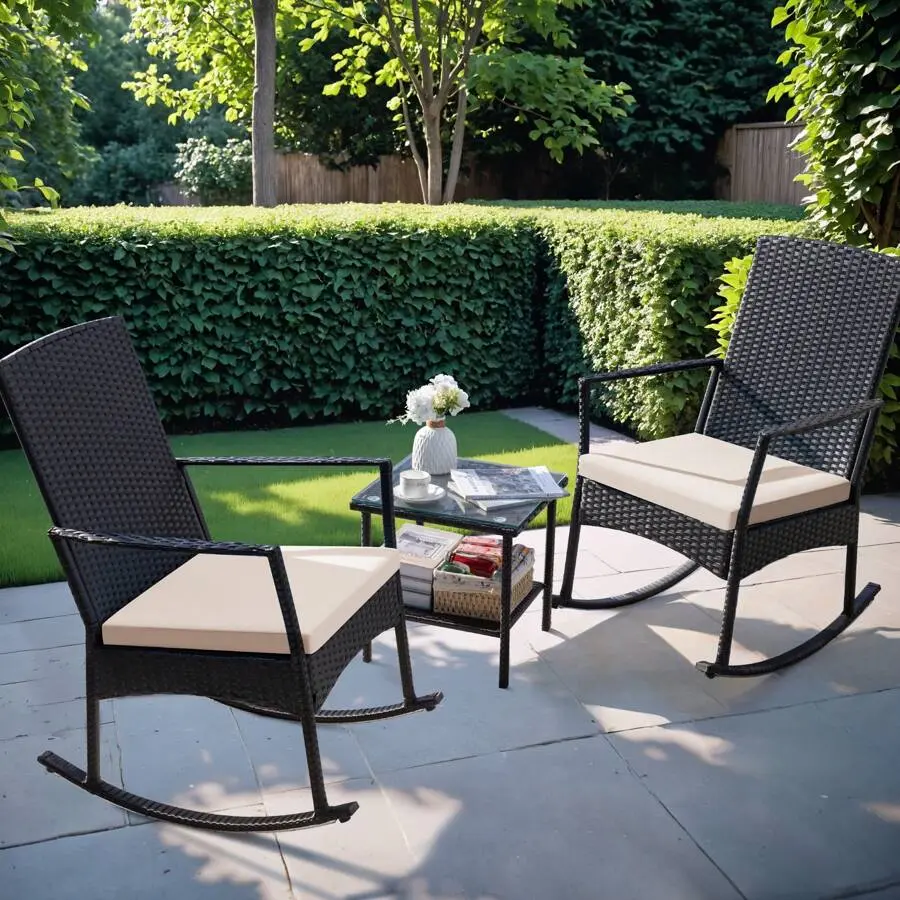 Rankok 3 Pieces Patio Rocking Chair Outdoor Conversation Sets Rocking Chairs Furniture Set  Bistro Sets  With Coffee Table