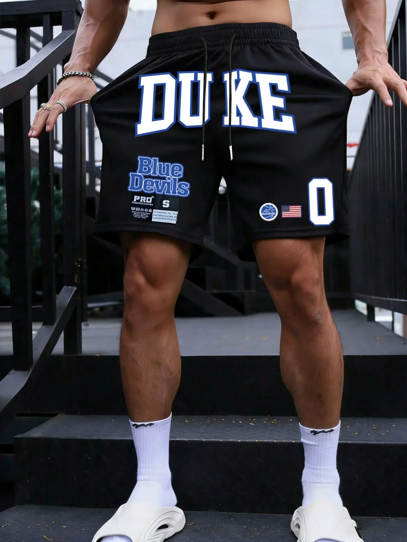 Men's Loose Fit Gym Shorts with Duke University Logo, Casual Outdoor Basketball Wear, Street Style Letter Pattern, Streetwear Sports Shorts, Casual Sporty Shorts, Trendy Short
