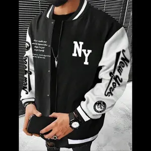 Men's Colorblock Letter Print Drop Shoulder Varsity Jacket, Regular Fit Casual Long Sleeve Button Front Outerwear for Fall & Winter, Men's Clothes for Daily Wear