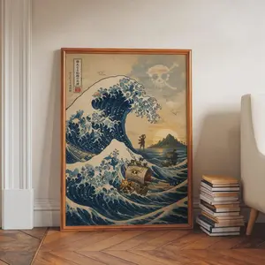 [Sale up to 50%] [Free Ship] One Piece Inspired Great Wave Art Print, Anime Ocean Poster, Japanese Wave Wall Art, Manga Fan Gift, Vertical Painting Print