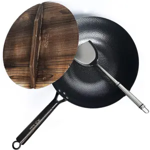 12.5 Inch Carbon Steel Wok For Electric, Induction and Gas Stoves (Lid, Spatula and User Guide Video Included)