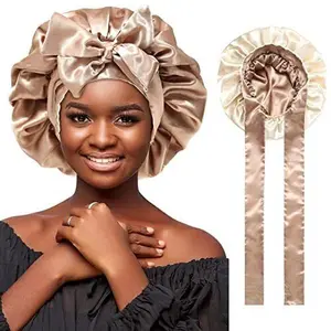 Satin Bonnet Silk Like Bonnets for Sleeping Sleep Cap Double Layer Hair Care Bonnet with Elastic Tie Band for Curly Hair Night Cap