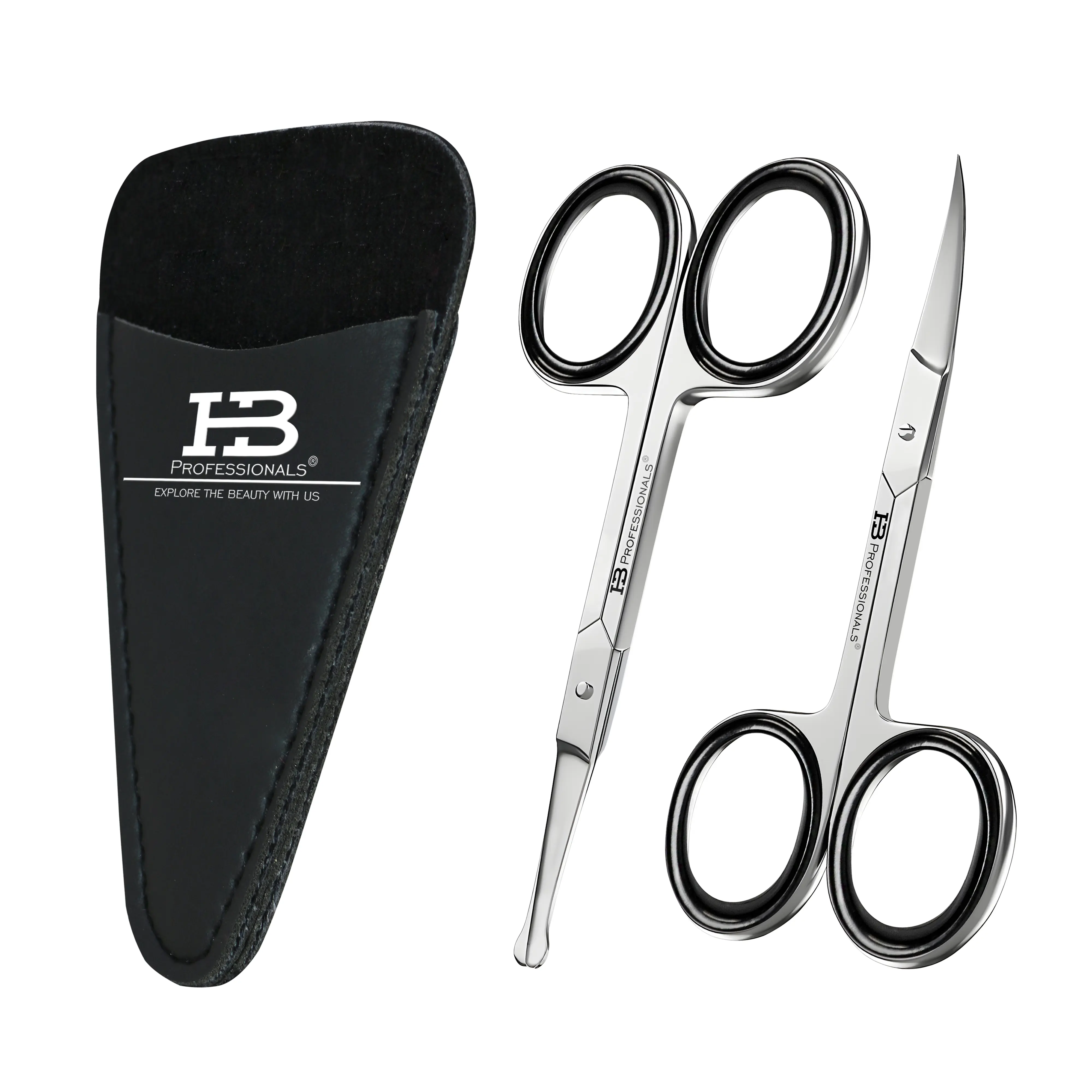 HB Professionals Facial Hair Scissors With Case - Curved & Rounded - Premium Stainless Steel - Mustache, Beard, Nose, Eyebrows, Eyelashes & Ear Hair Cutting Scissors - For Men & Women - 2 PCS (Silver)  Compact Gift