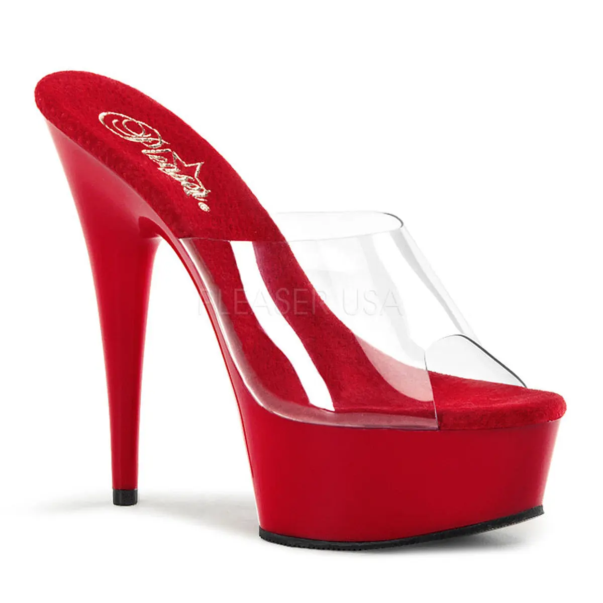 Women's Slide Sandals with Transparent Straps, Stylish 6-Inch Pointed Stiletto Heel and 1.75-Inch Red Platform for Alluring Height, High Heels, Pleaser, Fashion, Shoe, Slip On, Pointed Toe, Stiletto Heel, Sleek Lift, Ultra-Sexy