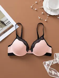 Luxurious Satin Lace Underwear Bra with Steel Ring, Comfortable Push-Up Shaping, Adjustable Straps, Medium Support, All Seasons