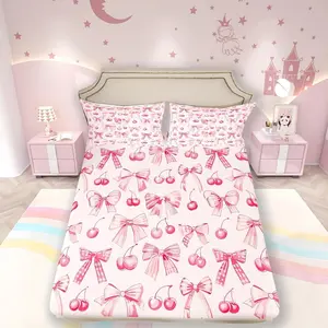 Bowknot Princess Fitted Sheet,Pink Bow Cherry Tropical Fruits Patchwork Bedding Set,Girls Women Room Decor,Bow-tie Girlish Dreamy Bed Cover,Pink Cute Bed Sheet