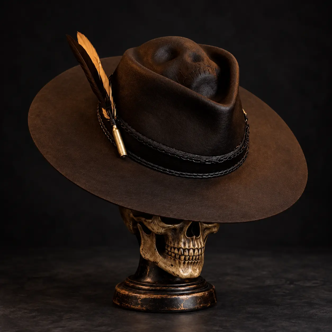 Vintage Gothic Skull Crown Western Cowboy Hat for Men, Wide Brim Dark Brown Wool Felt Hat with Feather, Braided Band and Antique Metal Detail, Punk Biker Steampunk Festival Costume Hat