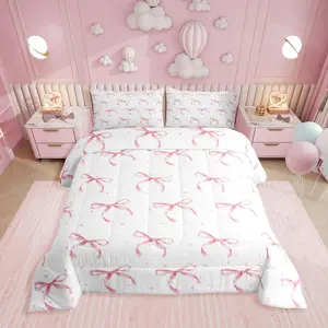 Kawaii Pink Bows Bedding Set for Girls Kids,Pink and White Bow Comforter Set,Bedroom Decor,Princess Bow Knot Bed Set,Cute Girly Bowknot Bedding Comforter Set