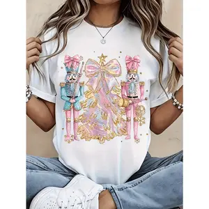 Festive Women's and Unisex Nutcracker TShirt Featuring Soldier Design with Pink Bow and Gold Accents