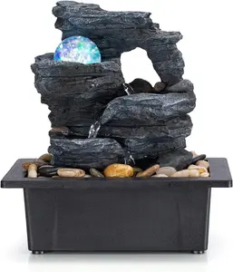 Tabletop Fountain Rotating Ball Rock Waterfall Fountain Office Includes Many Natural River Rocks Decorated with Colorful Lights, 9.05" L x 6.89" W x 10.23" H