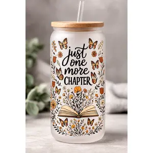 Bookworm themed 16 oz Frosted Glass can with bamboo lid and straw.
