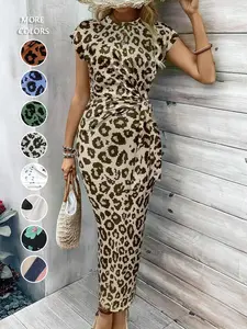 Women's Leopard Print Knot Bodycon Dress, Elegant Butterfly Sleeve Round Neck Long Dress for Party Holiday Wedding Guest, Ladies Summer Clothes, Elegant Dress Women