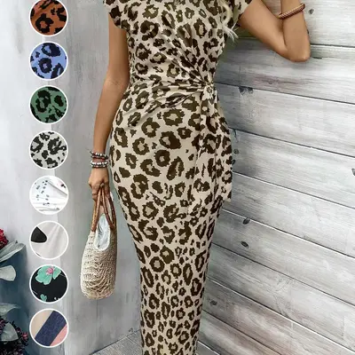 chinese dress ladies Women's Leopard Print Maxi Dress, Sleeveless Summer Casual, Side Slit, Pink  (US, Alpha, Small, Regular, Regular, Pink) at Amazon Women's Clothing store main image 1
