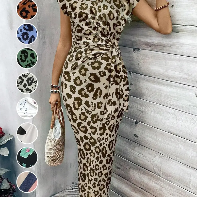 Women's Leopard Print Knot Bodycon Statement Fabric Dress, Round Neck Long Dress for Formal Parties, Holidays & Weddings, Ladies Summer Clothes