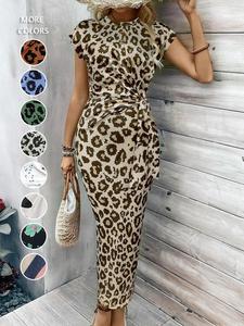 women's leopard print knot bodycon dress, elegant butterfly sleeve round neck long dress for party holiday wedding guest, ladies summer clothes, chic elegant dress women