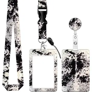 ID Badge Holder with Retractable Badge Reel Clip and Lanyard, Cute Card Name Tag Lanyard Vertical ID Protector Bage Clips for Nurse  Teacher Student(Cowhide Print)