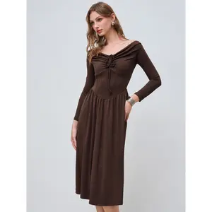 Cider [size 0-10] Off-shoulder Solid Ruched Ruffle Knotted Maxi Dress