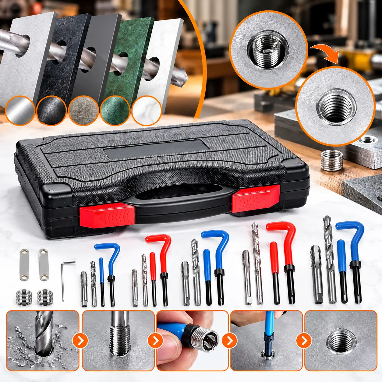 338-Piece Thread Repair Kit, SAE and Metric Rethreading Tool Set with HSS Drill Bits, Thread Inserts and Installation Tools