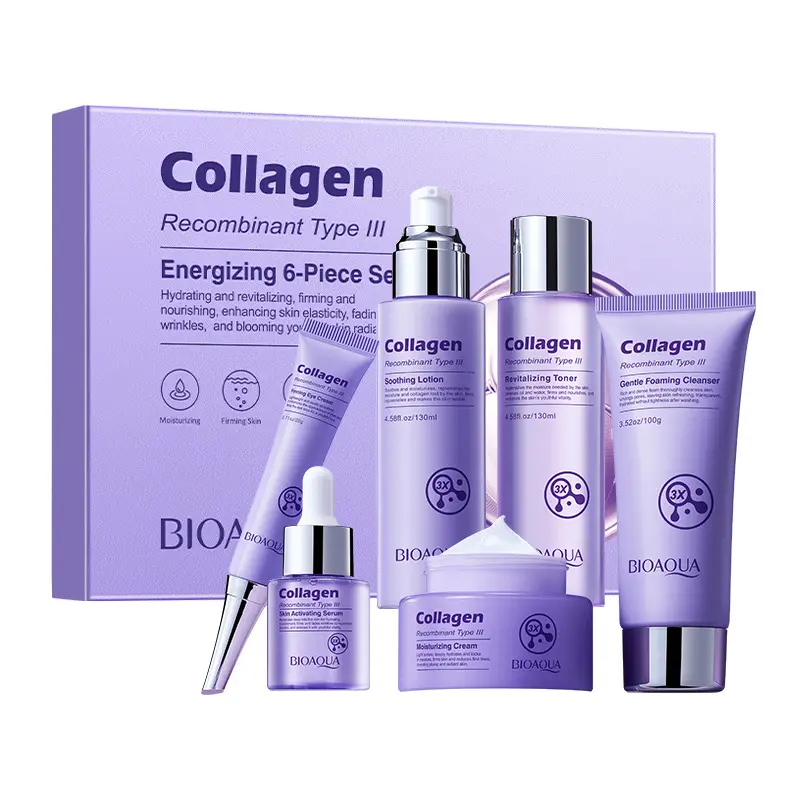 Recombinant Type III Collagen 6-in-1 Skin Care Set, Deep Hydrating Smoothing Anti-Dry Facial Kit with Cleanser, Toner, Lotion, Serum, Eye Cream & Moisturizing Cream