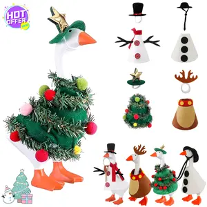 4 Sets Christmas Mini Desk Goose Outfit 7 Inch Magnetic Silly Goose Statue Christmas Tree Elk Costume with Mini Headwear and Felt Clothing Keychain Clothes Costume for Table Duck Desk Key Holder Decor