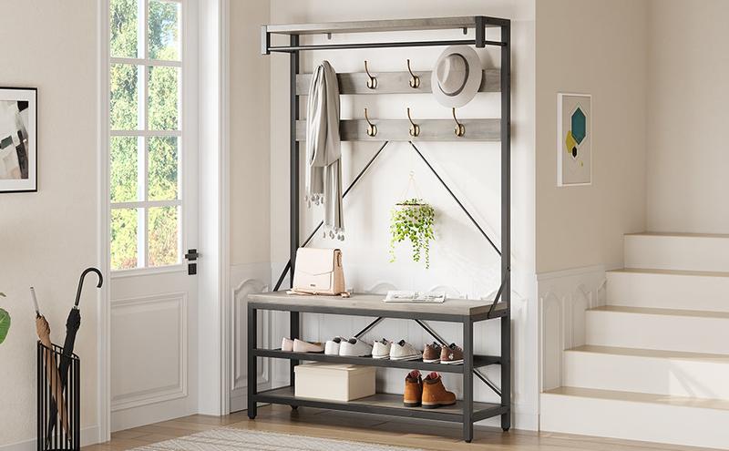 GARVEE Industrial Storage Shoe Bench, 72" Mudroom Hall Tree with 8 Hanging Hooks