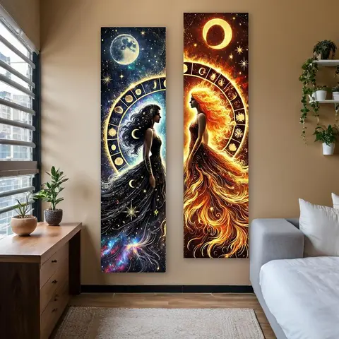 Moon & Goddess Pattern Vertical Banner Tapestry, 2 Counts/set Moon Sun Stars and Fire Mystical Tapestry, Durable Decorative Tapestry, Wall Hanging for Bedroom Living Room Home Decor Decoration Wall Tapestries