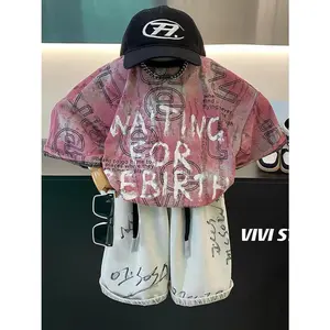 Boys' 2pcs Set New Gradient Graffiti Letter Short Sleeve T-Shirt and Trendy Distressed Casual Shorts 2pcs Style Outfit Boys, Perfect Outdoor