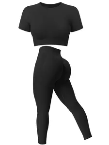 Two-Piece Set Women's Solid Crop Top & High Waist Leggings Tracksuit Set, Sporty Breathable Comfy for Yoga Gym Workout Running, Ladies Sportswear for All Seasons, Gym Workout Clothes