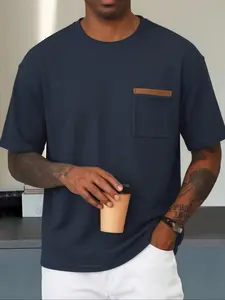 Men's Waffle Knit Contrast Pocket T-Shirt - Casual Short Sleeve Crewneck Tee with Leather Trim Pocket, Minimalist Streetwear Basic Top, Breathable Summer Fashion T-Shirt for Men