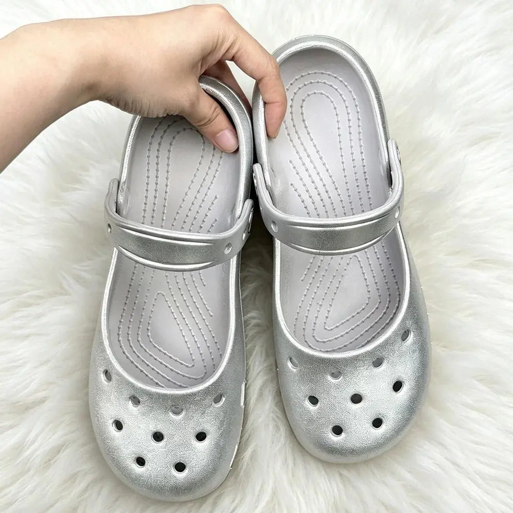 Women's Waterproof Ballet Style EVA Clogs, Trendy Slip-on Summer Footwear, Silver Flat Walking Shoes for Beach & Outdoor, Slipper, Ballet Shape, Female Shoe, Flat Sole, Eva Polyester